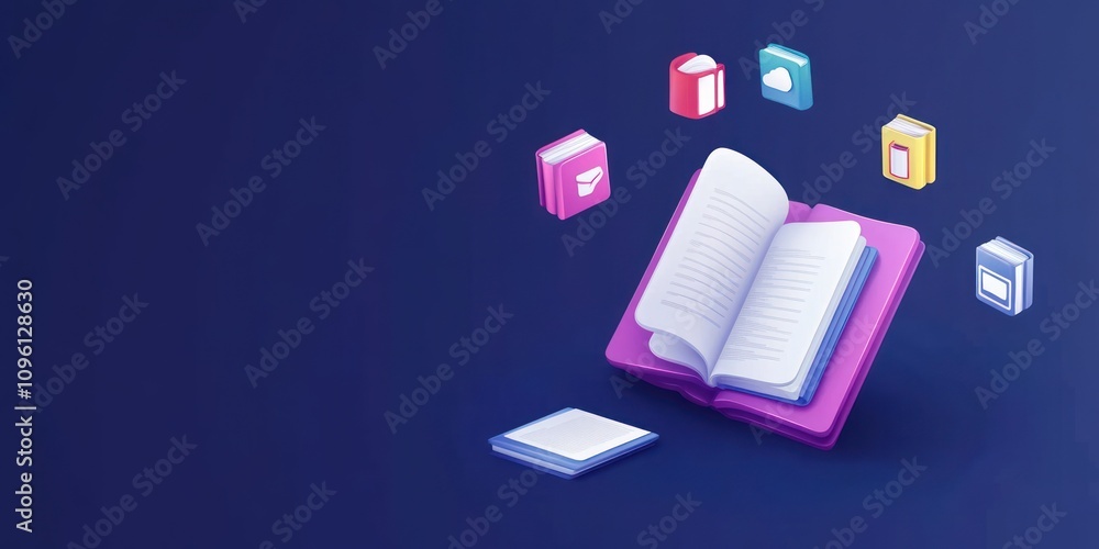 Poster An open book surrounded by various digital icons representing information and resources.