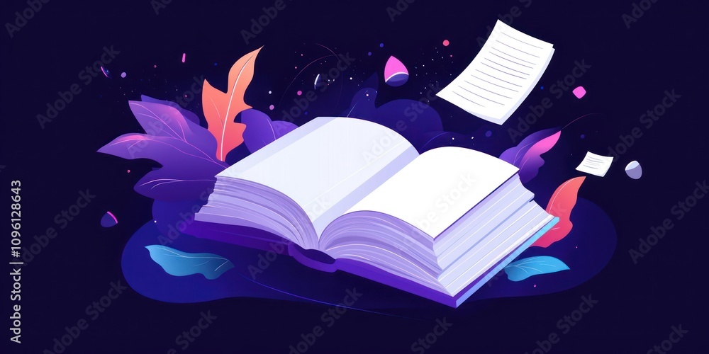 Poster an open book surrounded by colorful leaves and floating papers, symbolizing creativity.
