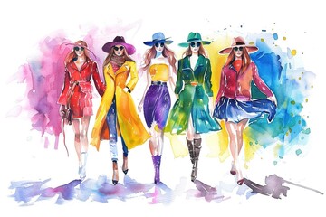 Vibrant watercolor fashion illustration of female models in various stylish outfits, showcasing latest trends and designs.