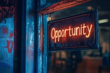Neon Opportunity Sign in a City Night