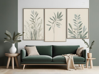 A set of three minimalist botanical illustrations in muted green hues on a cream background. Perfect for creating a serene and calming atmosphere in any room.