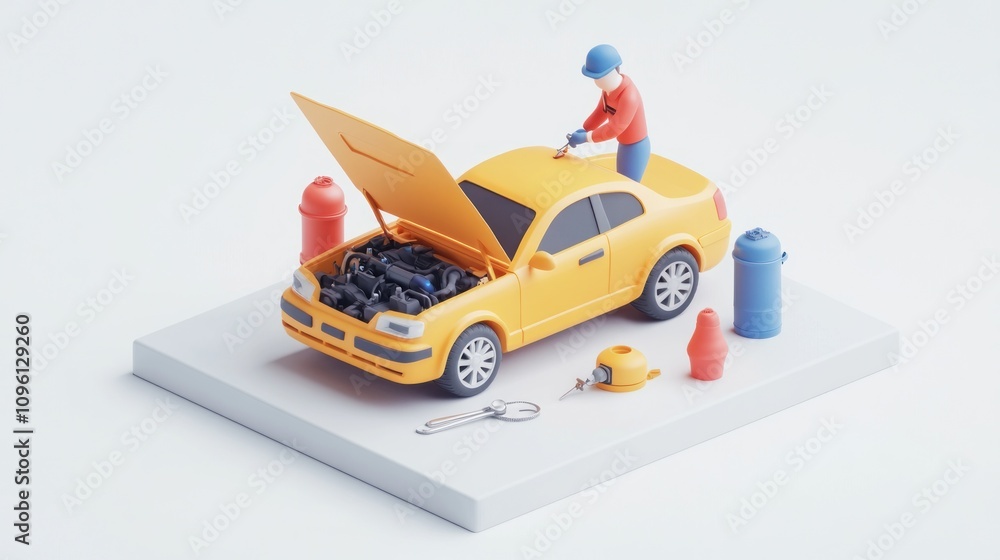 Poster a stylized scene of a mechanic working on a yellow car's engine with tools nearby.