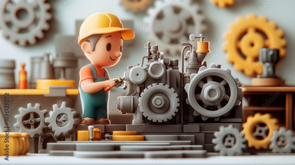 Fototapete a cartoon mechanic works on a large engine surrounded by gears in a workshop setting.