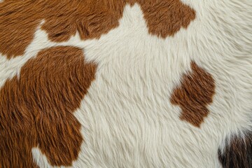 Detailed view of cowhide displaying a mix of brown and white fur patterns. This close-up highlights the softness and unique markings of the animal's coat