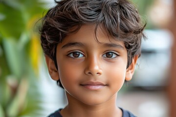 Close-up portrait of a smiling child with curly hair outdoors