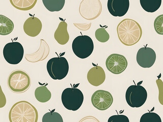 A seamless pattern of abstract fruits in various shades of green on a cream background. The design features a mix of whole fruits and slices, creating a fresh and organic feel.