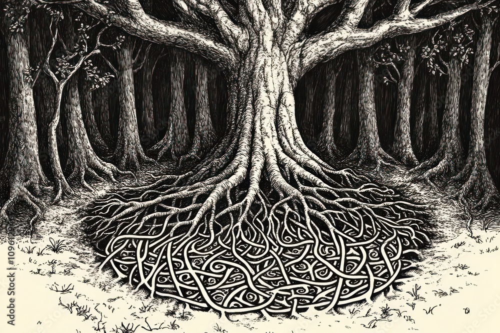 Poster a large tree with intricate roots in a dark forest, emphasizing nature's complexity.