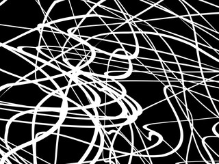 White tangled thread background. Circular abstract pen stroke vector illustration, on black background. Tangled scribbles hand drawn doodles. Vector illustration isolated on black background.
