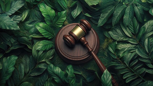 Judge's gavel resting on a wooden block surrounded by vibrant green leaves, representing justice, accountability, and the theme of clemency in the legal system.
