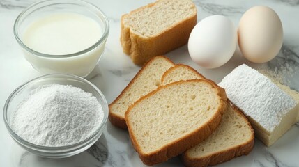 Ingredients for French Toast: Slices of bread, eggs, milk in a bowl, powdered sugar on a surface, and additional sliced bread for preparation.