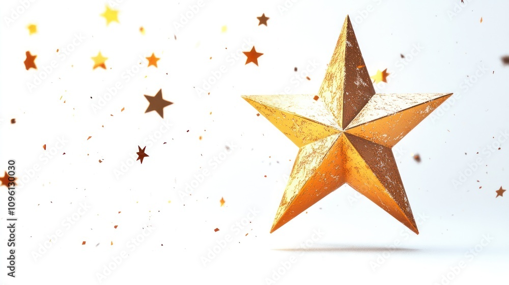 Poster A three-dimensional golden star surrounded by sparkling particles on a light background.
