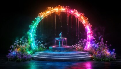 Vibrant Stage with Colorful Arch, Fountain, and Flowers