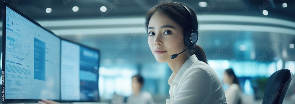 Poster a woman in a headset working at a computer in a modern office environment.