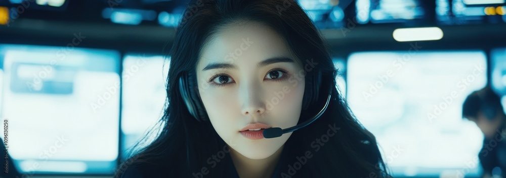 Poster A focused individual wearing a headset in a tech-driven environment with screens in the background.
