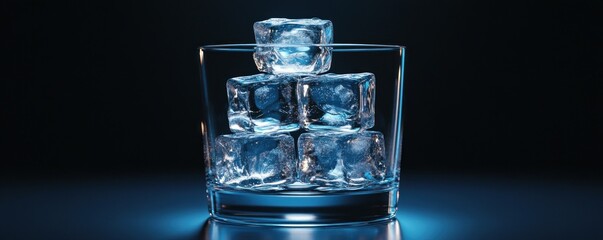A glass filled with ice cubes, illuminated against a dark background.