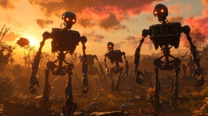 Apocalyptic Landscape with Mutated AI Robots Marching at Sunset