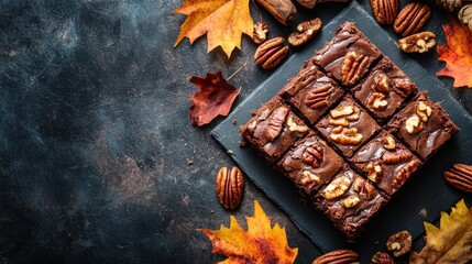 Pecan Pie Brownies Surrounded by Autumn Leaves and Nuts Perfect for Festive Baking and Dessert Celebrations