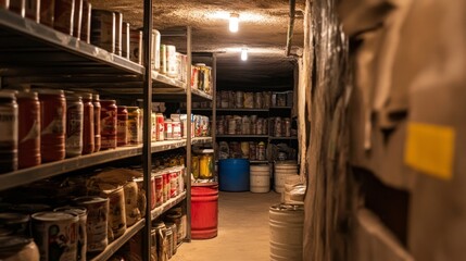 Obraz premium Fully Stocked Underground Bunker with Emergency Food and Supplies