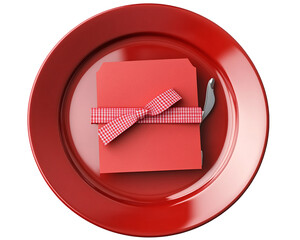 a red plate with a bow and a card tied with a ribbon