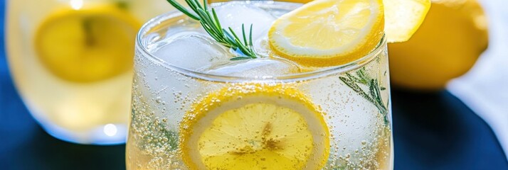 A refreshing drink with lemon slices and rosemary, served over ice.