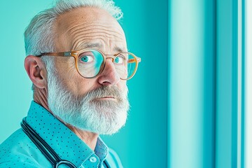 Senior doctor with glasses in turquoise room for healthcare profile, medical consultation, or professional portrait