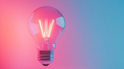 Glowing light bulb with neon filaments set against a vibrant gradient background, representing creativity and inspiration with ample space for text.