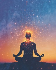 Emotional Intelligence and Personal Growth Meditative silhouette with cosmic energy aura.