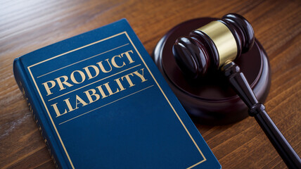 Closeup image of judge gavel and text PRODUCT LIABILITY book on the table.
