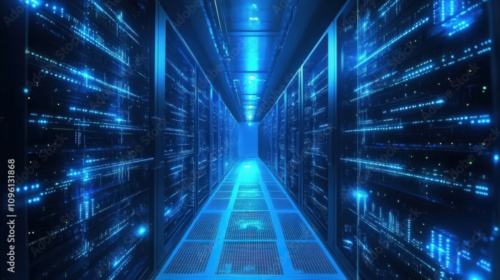 Poster blue lighted server room corridor with data flowing on the walls