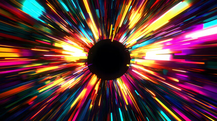 Radiant Colorful Light Rays Converging into a Black Core, Vibrant Burst of Multicolored Rays with Central Black Core