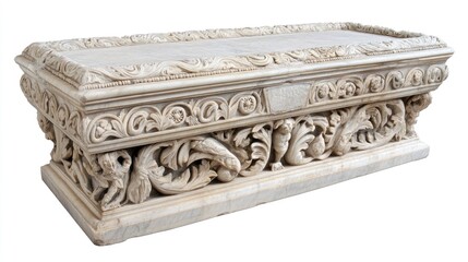 Intricately carved marble sarcophagus featuring elaborate floral and acanthus leaf designs from ancient Rome, showcasing skilled craftsmanship and historical significance.