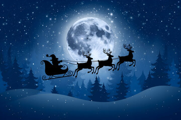 Naklejka premium Santa Claus in sleigh, pulled by reindeer, under luminous moon and starry sky.