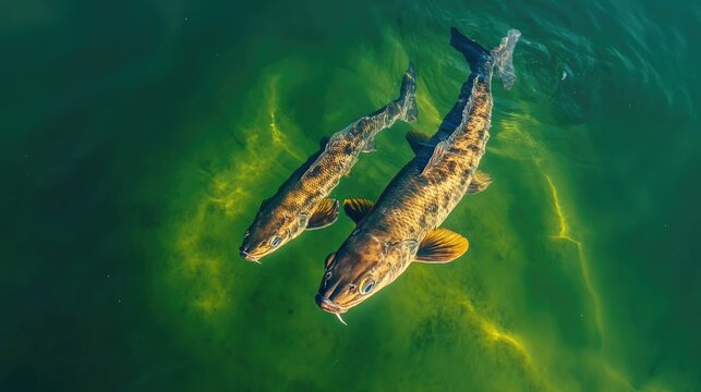 Mother snakehead murrel fish and her young swim near the water's surface, captured from above as they bask in the sunlight.