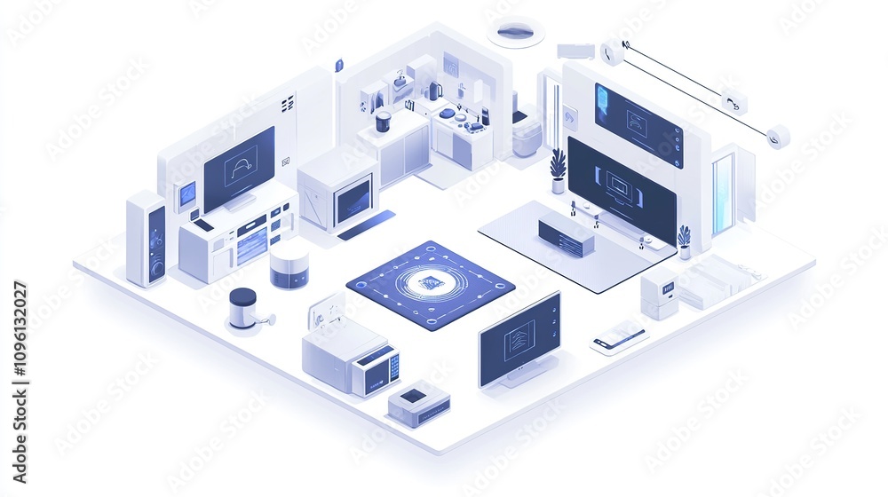 Poster isometric smart home system uses artificial intelligence-based system with modern and minimalist fur