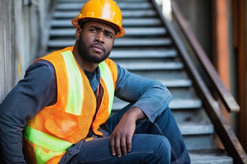 Construction worker reflecting on a break at site, safety gear visible, illustrating dedication and labor ethics in construction industry settings