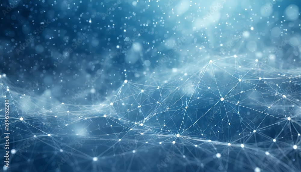 Poster blue abstract background featuring a dynamic network grid with glowing particles interconnected, con
