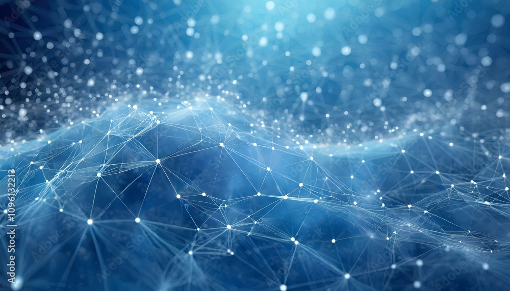 Poster blue abstract background featuring a futuristic network grid interlaced with glowing particles, symb