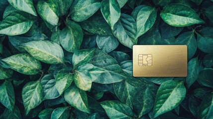 Golden credit card nestled among vibrant green leaves, representing sustainable consumption and zero waste concepts with space for text.