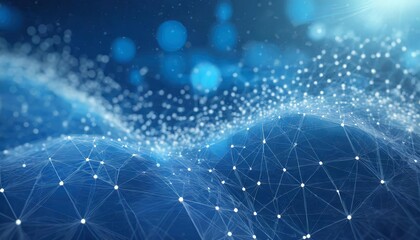 Abstract Blue Background Featuring a Network Grid with Interconnected Particles and Dynamic Geometric Elements in a Futuristic Design for Technology or Digital Innovation Themes