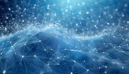 Blue abstract background featuring a futuristic network grid interlaced with glowing particles, symbolizing modern technology, connectivity, and data exchange in a dynamic digital