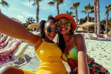 Beautiful African American young women posing for a photo together outdoors during a vacation. Happy female best friends having fun outdoors with copy space.