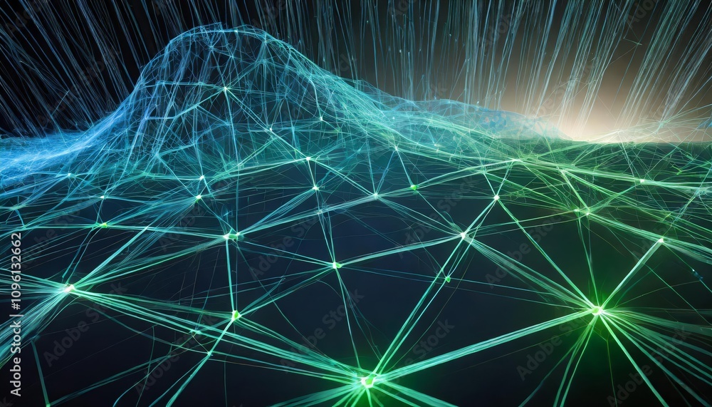 Poster dynamic blue and green network lines converge into a futuristic digital grid, evoking themes of tech