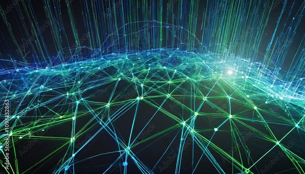 Poster dynamic blue and green network lines intersect to form a futuristic, high-tech digital design, symbo