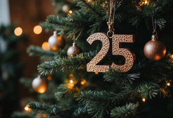 wooden numbers on the Christmas tree 2025 new year