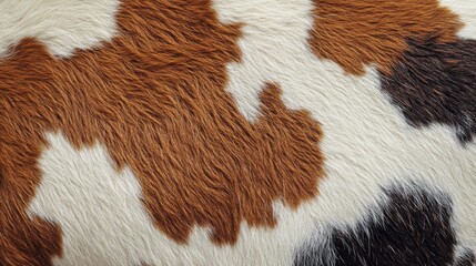 This close-up captures the textured fur of a cow with a mix of brown and white colors, highlighting the unique patterns on its hide. The setting suggests a pastoral environment