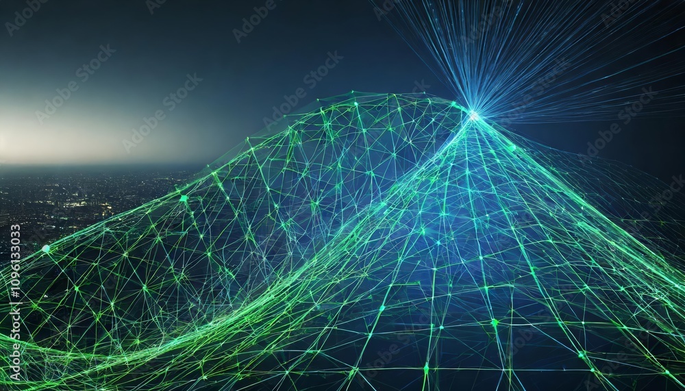 Poster dynamic visualization of blue and green network lines forming a futuristic digital grid with high-te