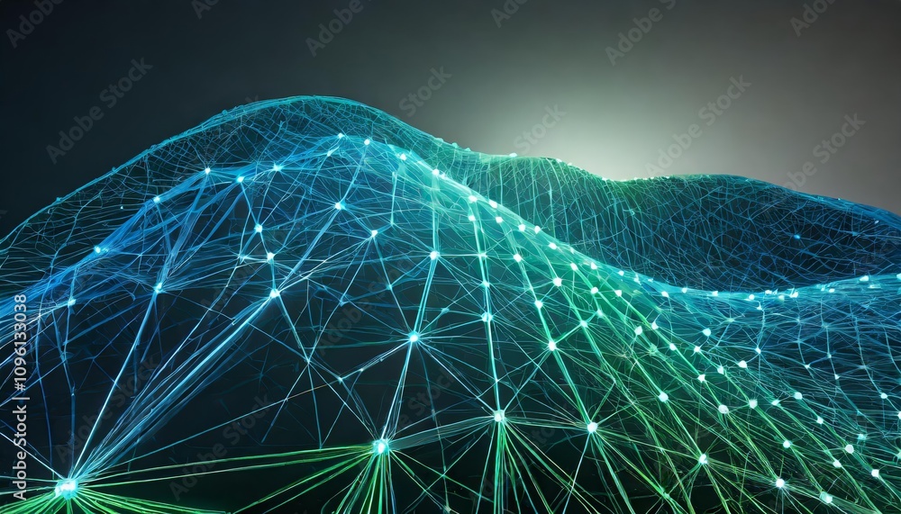 Poster interwoven blue and green network lines depicting a futuristic, tech-driven design with dynamic, dig