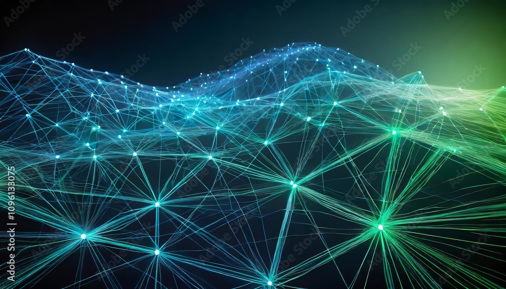 Poster dynamic blue and green network lines intertwine, creating a futuristic digital web that represents i