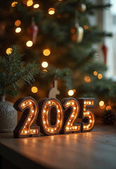 wooden numbers on the Christmas tree 2025 new year