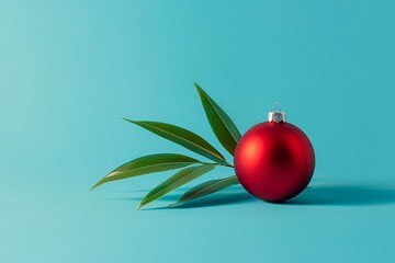 A vibrant red ornament rests on a turquoise surface beside lush green leaves, creating a festive and cheerful atmosphere for celebration